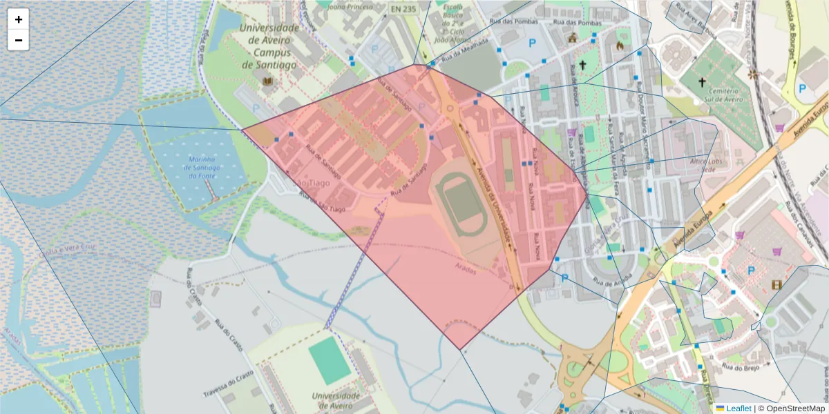 Mapa detalhado do código postal 3814-501 com limites, códigos postais vizinhos e agências dos correios