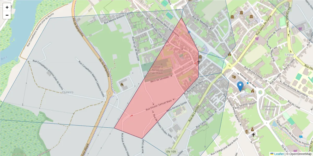 Mapa detalhado do código postal 3830-045 com limites, códigos postais vizinhos e agências dos correios