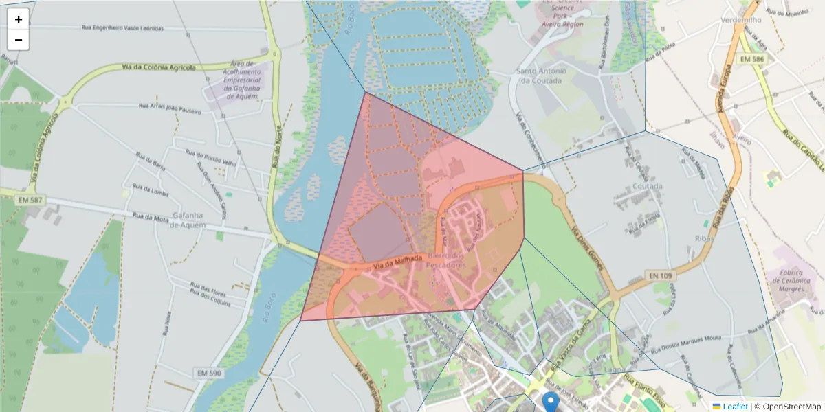 Mapa detalhado do código postal 3830-141 com limites, códigos postais vizinhos e agências dos correios