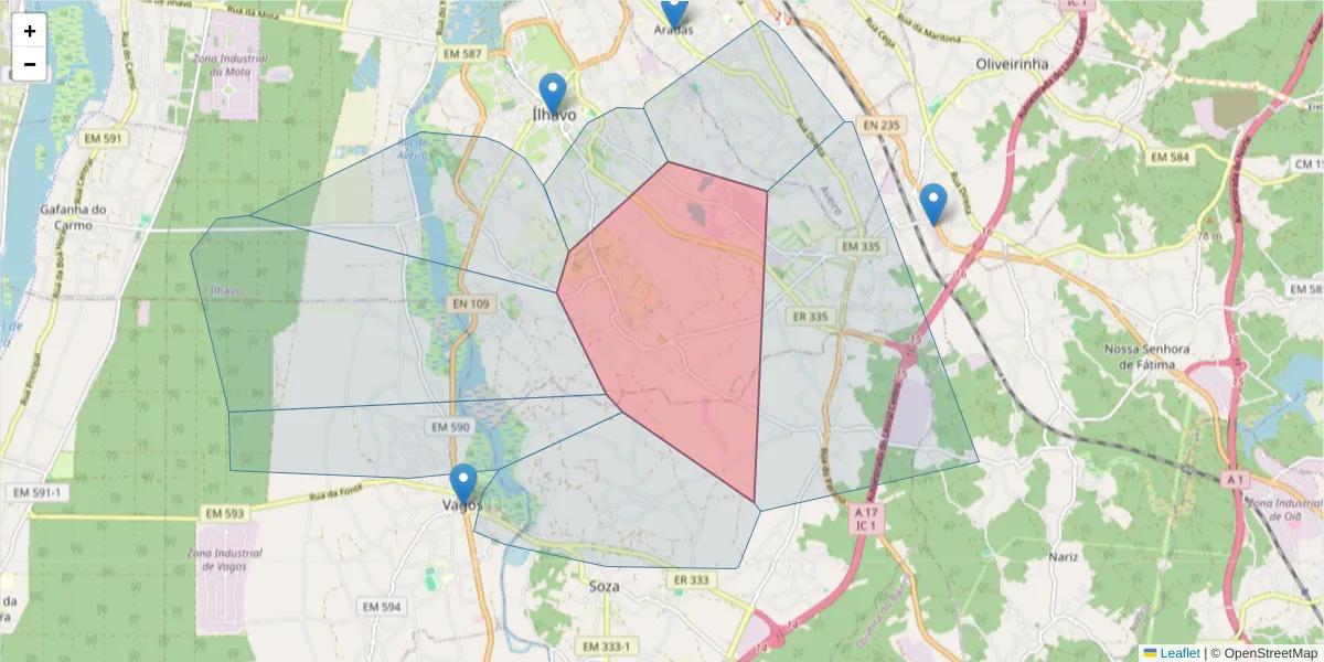 Mapa detalhado do código postal 3830-261 com limites, códigos postais vizinhos e agências dos correios