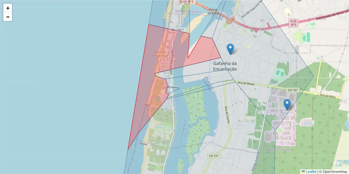 Mapa detalhado do código postal 3830-460 com limites, códigos postais vizinhos e agências dos correios