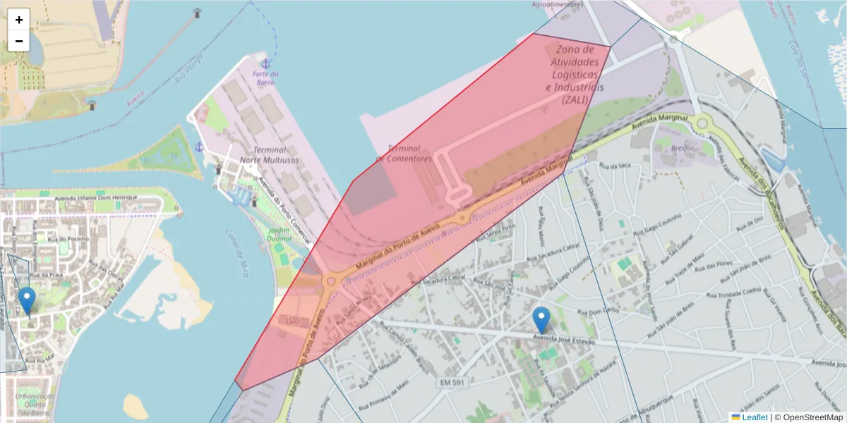 Mapa detalhado do código postal 3830-565 com limites, códigos postais vizinhos e agências dos correios