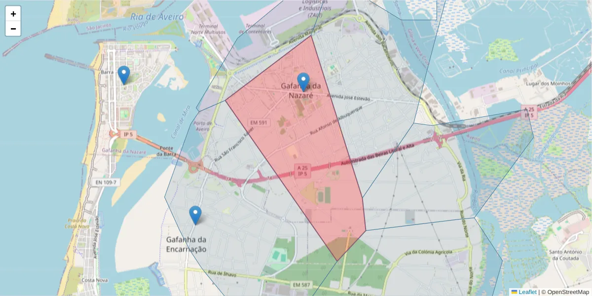 Mapa detalhado do código postal 3830-582 com limites, códigos postais vizinhos e agências dos correios