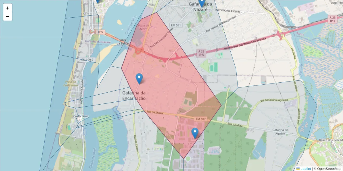 Mapa detalhado do código postal 3830-793 com limites, códigos postais vizinhos e agências dos correios