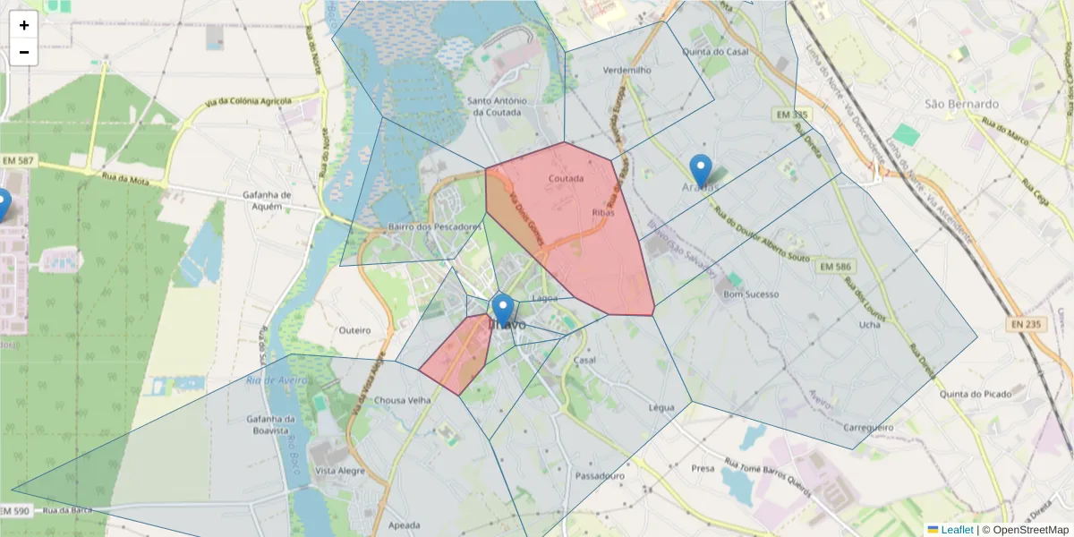 Mapa detalhado do código postal 3830 com limites, códigos postais vizinhos e agências dos correios