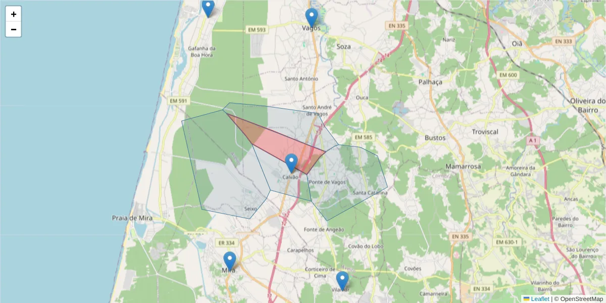 Mapa detalhado do código postal 3840-011 com limites, códigos postais vizinhos e agências dos correios