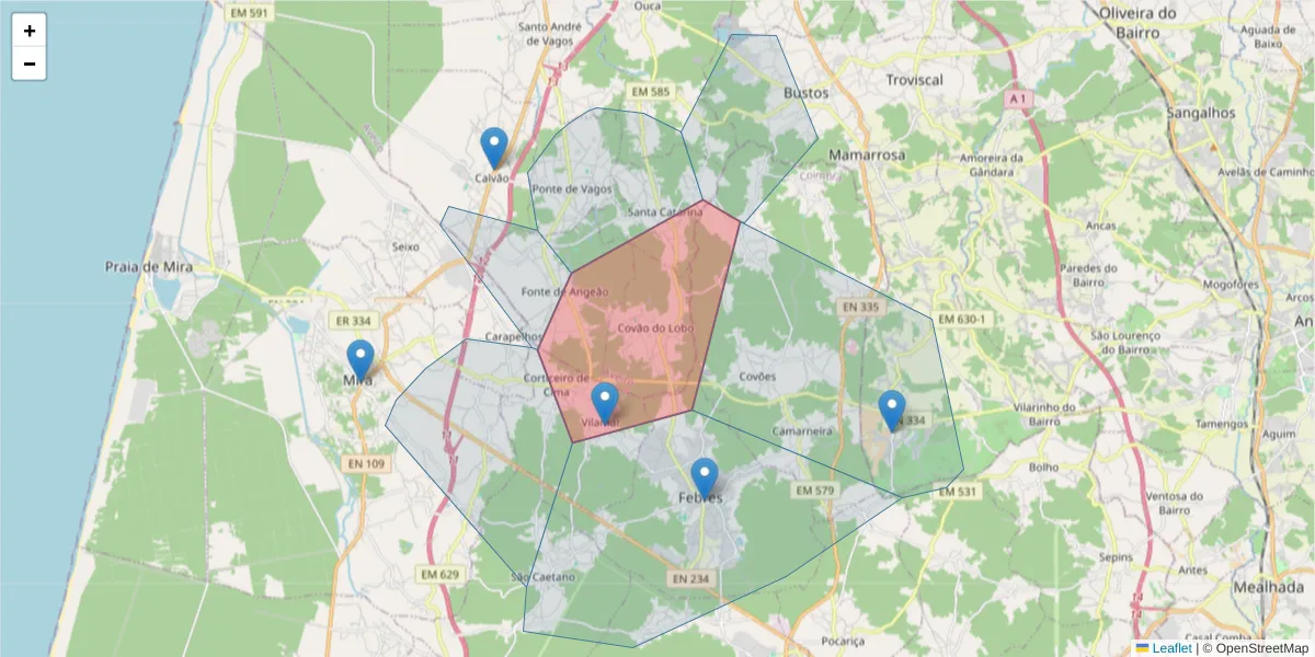 Mapa detalhado do código postal 3840-126 com limites, códigos postais vizinhos e agências dos correios