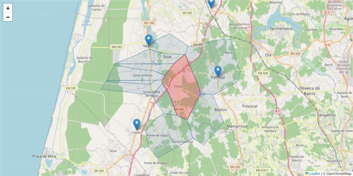 Mapa detalhado do código postal 3840-302 com limites, códigos postais vizinhos e agências dos correios