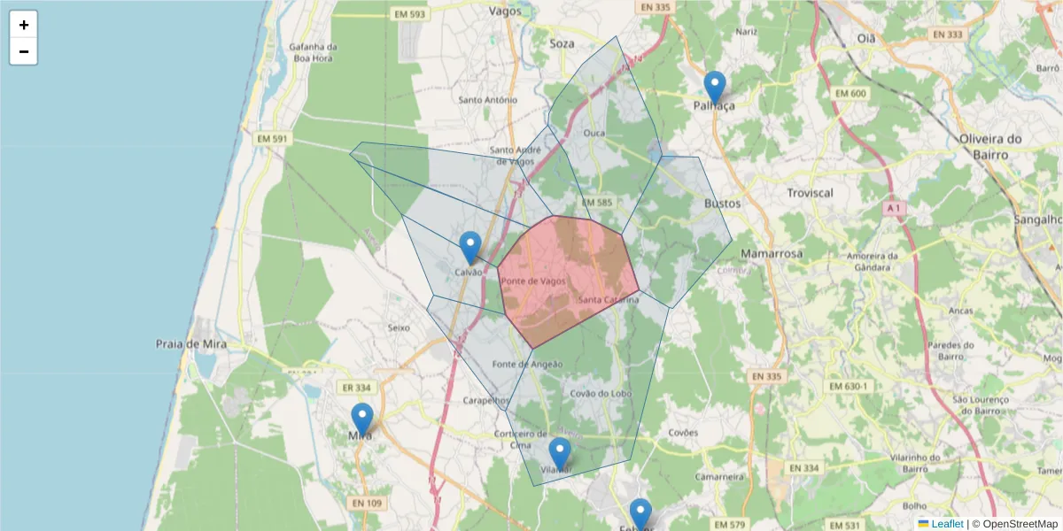 Mapa detalhado do código postal 3840-326 com limites, códigos postais vizinhos e agências dos correios
