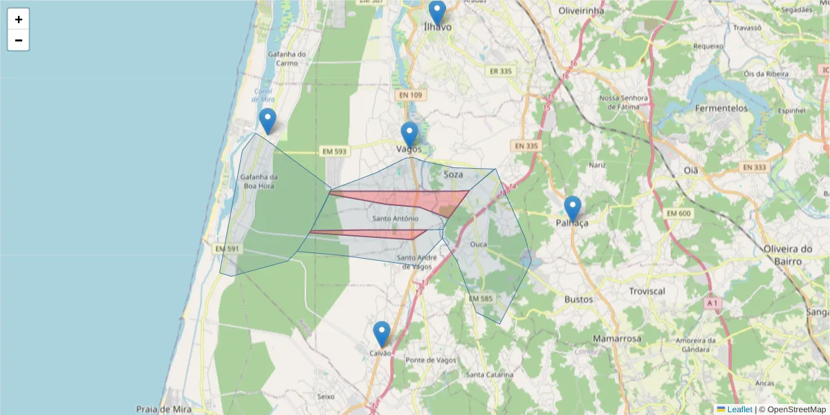 Mapa detalhado do código postal 3840-507 com limites, códigos postais vizinhos e agências dos correios