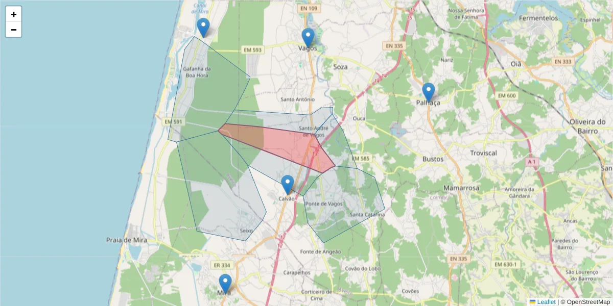 Mapa detalhado do código postal 3840-555 com limites, códigos postais vizinhos e agências dos correios