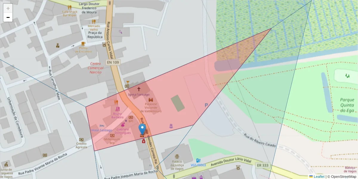 Mapa detalhado do código postal 3840-999 com limites, códigos postais vizinhos e agências dos correios