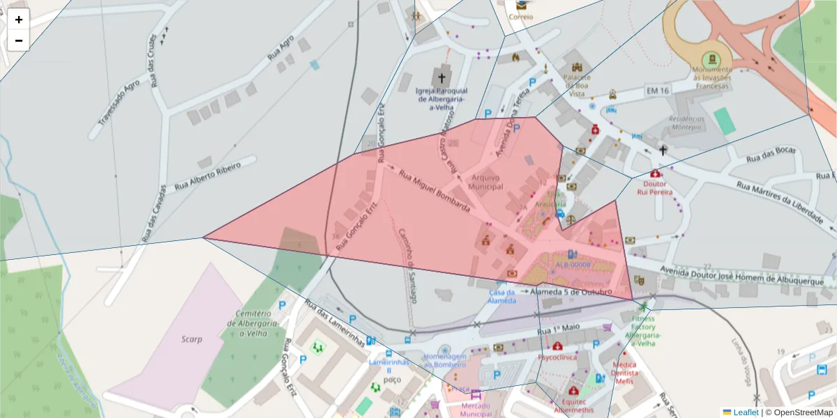 Mapa detalhado do código postal 3850-005 com limites, códigos postais vizinhos e agências dos correios
