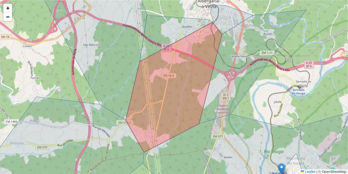 Mapa detalhado do código postal 3850-016 com limites, códigos postais vizinhos e agências dos correios