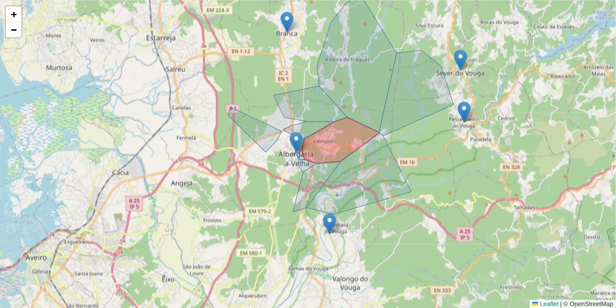 Mapa detalhado do código postal 3850-070 com limites, códigos postais vizinhos e agências dos correios