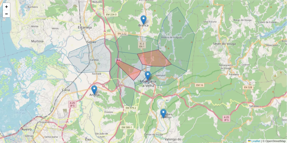 Mapa detalhado do código postal 3850-184 com limites, códigos postais vizinhos e agências dos correios