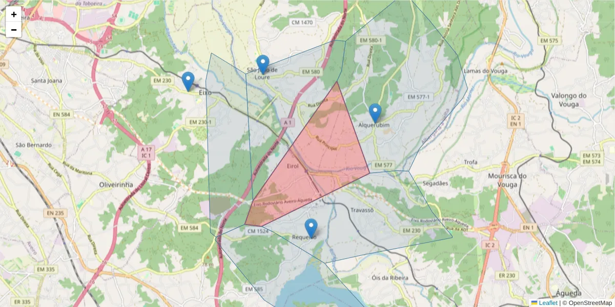 Mapa detalhado do código postal 3850-362 com limites, códigos postais vizinhos e agências dos correios