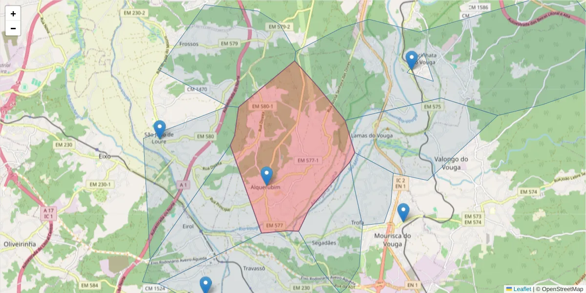 Mapa detalhado do código postal 3850-365 com limites, códigos postais vizinhos e agências dos correios