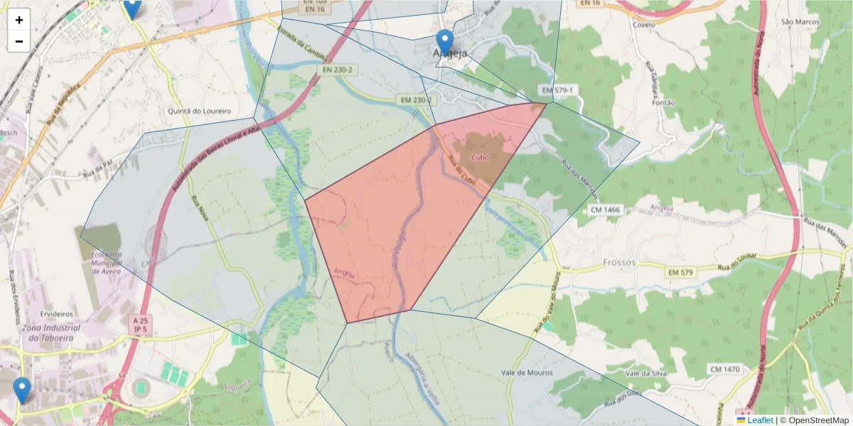Mapa detalhado do código postal 3850-418 com limites, códigos postais vizinhos e agências dos correios