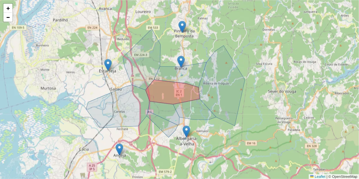 Mapa detalhado do código postal 3850-501 com limites, códigos postais vizinhos e agências dos correios