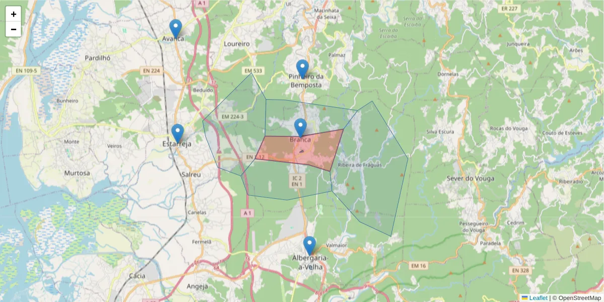Mapa detalhado do código postal 3850-564 com limites, códigos postais vizinhos e agências dos correios