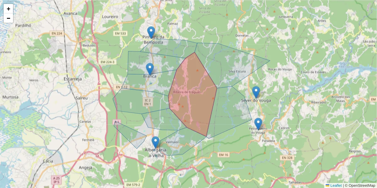 Mapa detalhado do código postal 3850-709 com limites, códigos postais vizinhos e agências dos correios