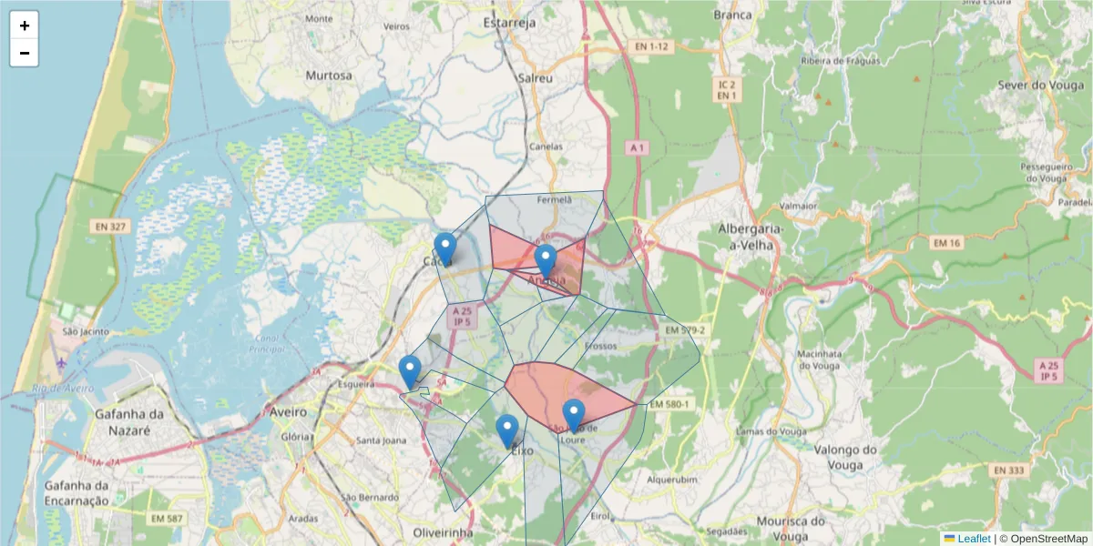 Mapa detalhado do código postal 3850 com limites, códigos postais vizinhos e agências dos correios