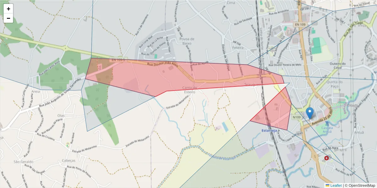 Mapa detalhado do código postal 3860-001 com limites, códigos postais vizinhos e agências dos correios