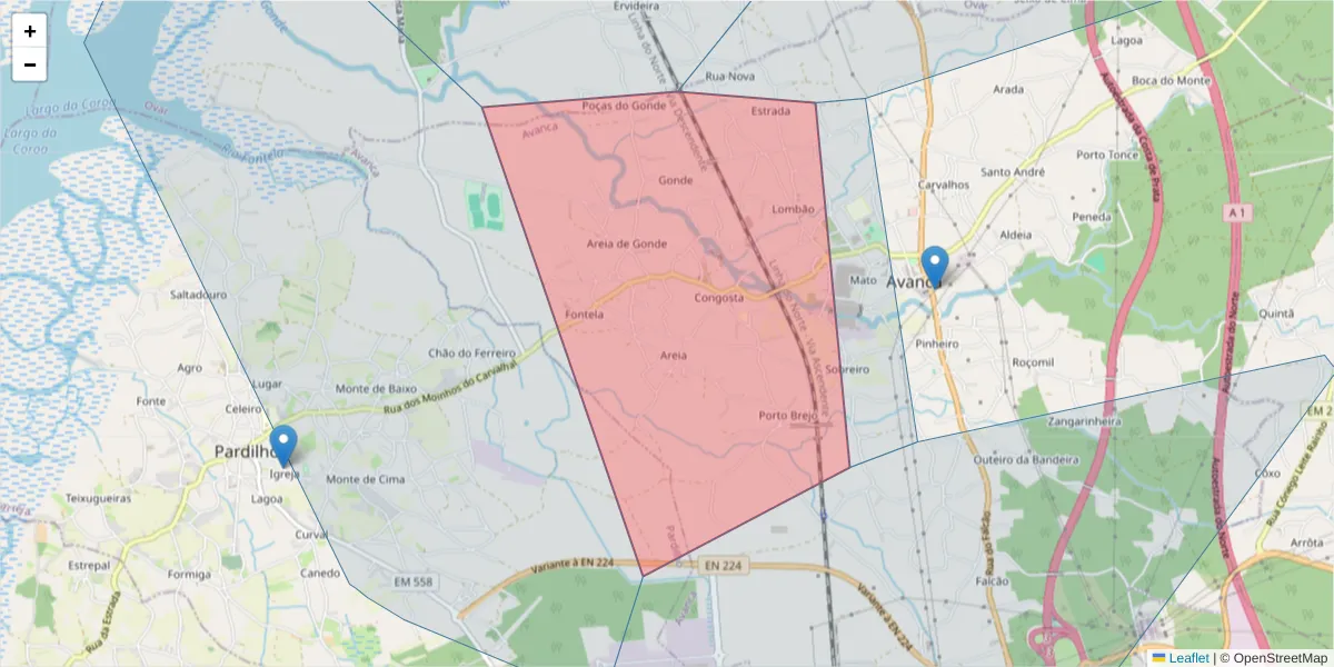 Mapa detalhado do código postal 3860-078 com limites, códigos postais vizinhos e agências dos correios