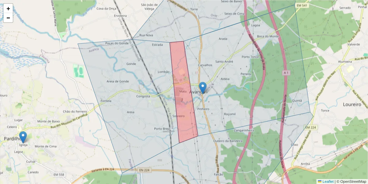 Mapa detalhado do código postal 3860-157 com limites, códigos postais vizinhos e agências dos correios