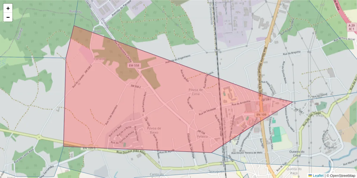Mapa detalhado do código postal 3860-207 com limites, códigos postais vizinhos e agências dos correios