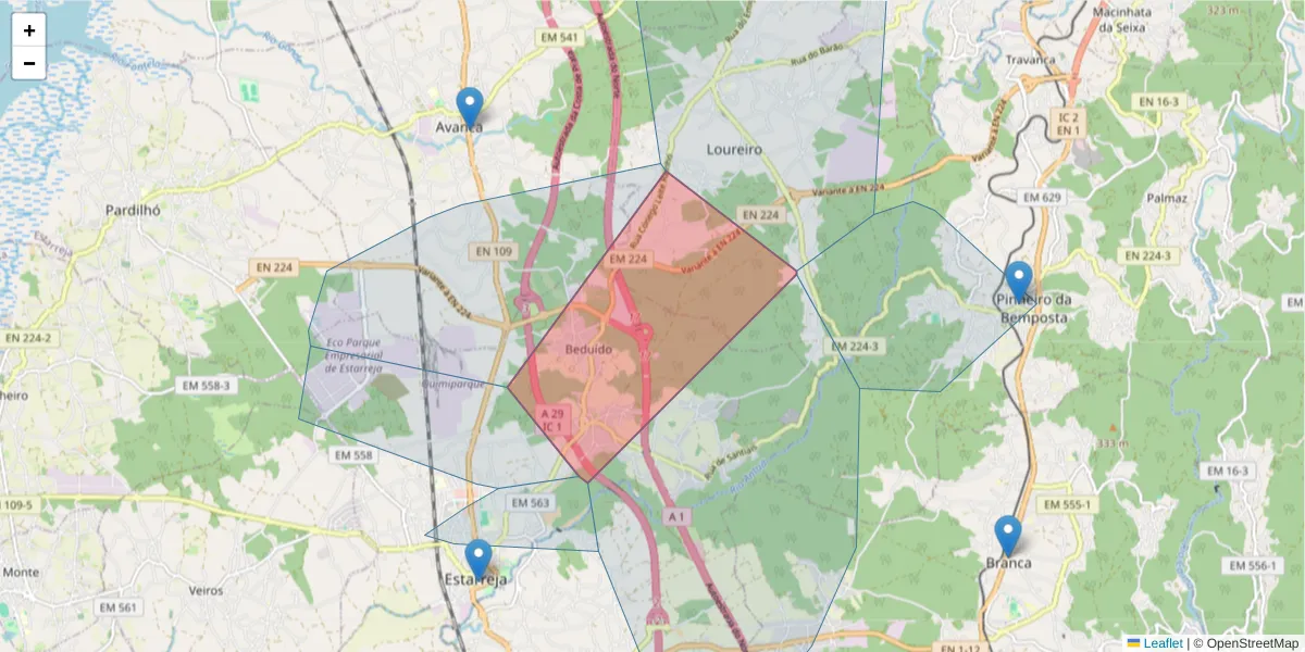 Mapa detalhado do código postal 3860-226 com limites, códigos postais vizinhos e agências dos correios