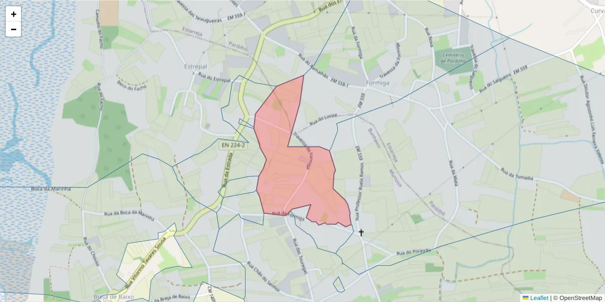 Mapa detalhado do código postal 3870-040 com limites, códigos postais vizinhos e agências dos correios