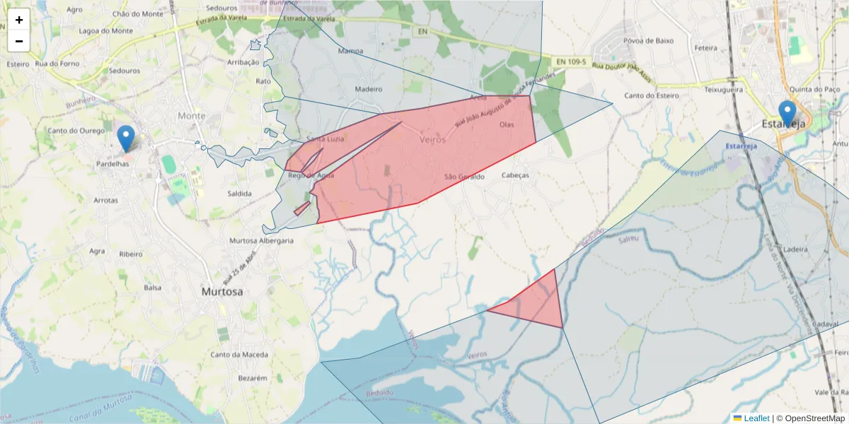 Mapa detalhado do código postal 3870-145 com limites, códigos postais vizinhos e agências dos correios