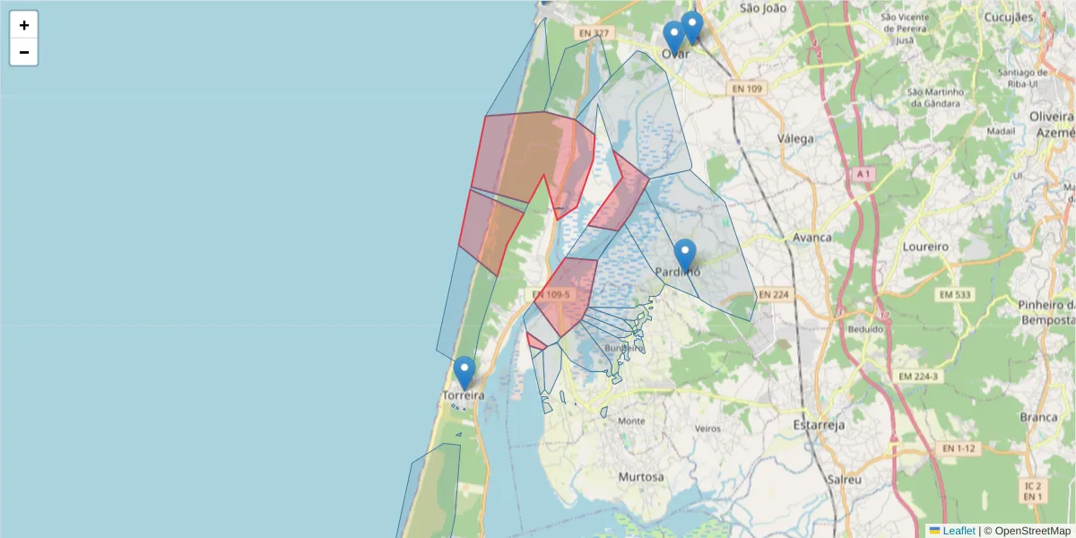Mapa detalhado do código postal 3870-303 com limites, códigos postais vizinhos e agências dos correios