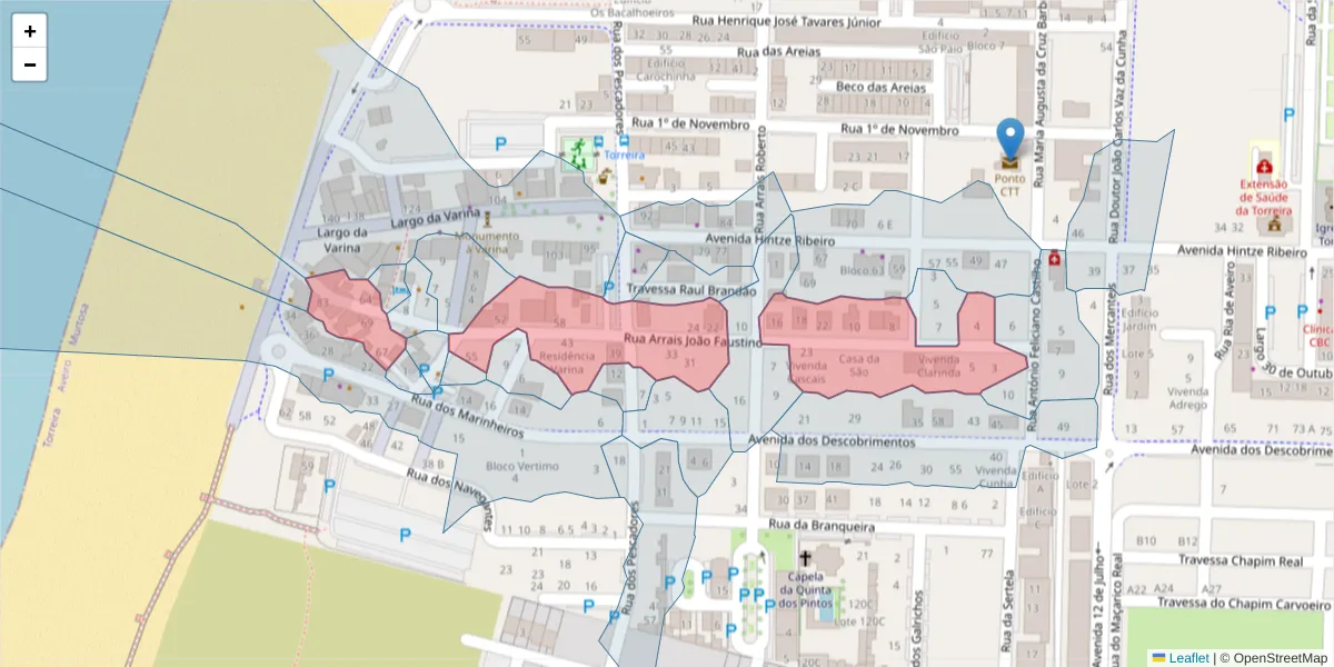 Mapa detalhado do código postal 3870-332 com limites, códigos postais vizinhos e agências dos correios