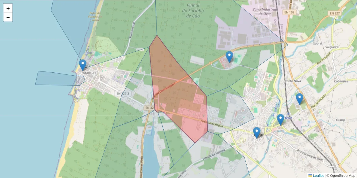 Mapa detalhado do código postal 3880-001 com limites, códigos postais vizinhos e agências dos correios