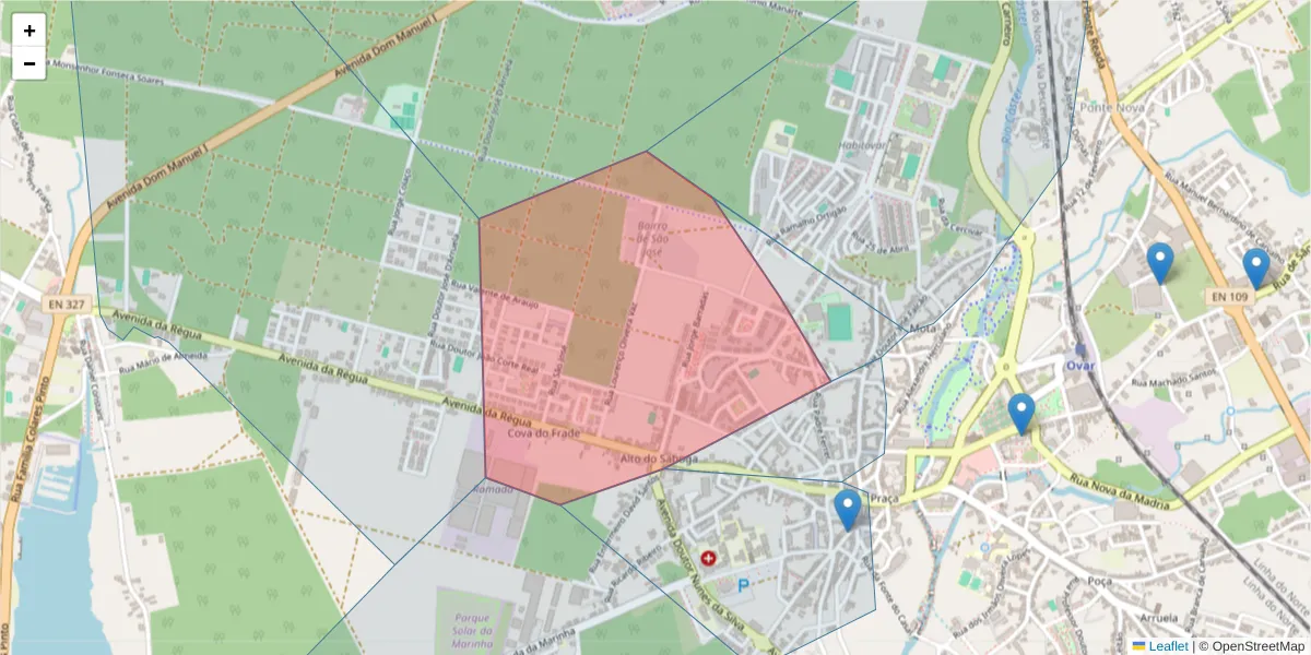 Mapa detalhado do código postal 3880-100 com limites, códigos postais vizinhos e agências dos correios