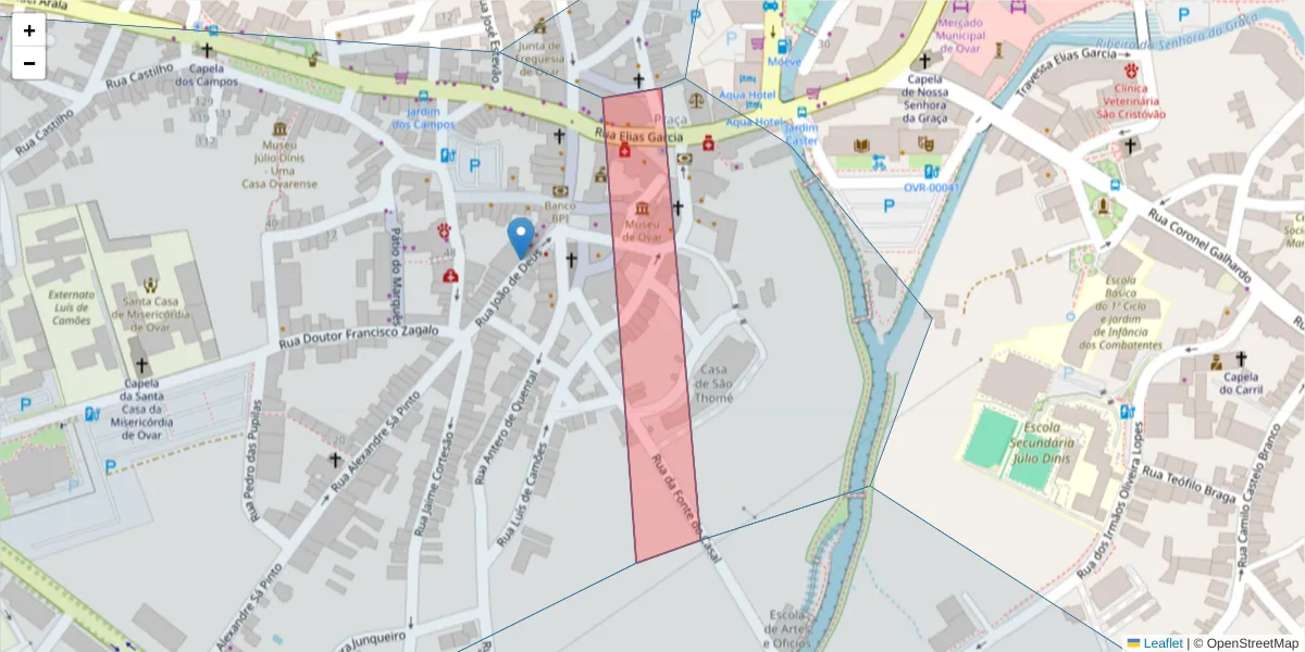 Mapa detalhado do código postal 3880-128 com limites, códigos postais vizinhos e agências dos correios