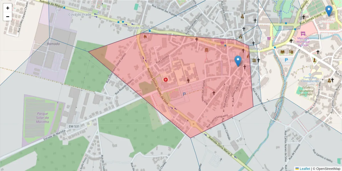 Mapa detalhado do código postal 3880-141 com limites, códigos postais vizinhos e agências dos correios