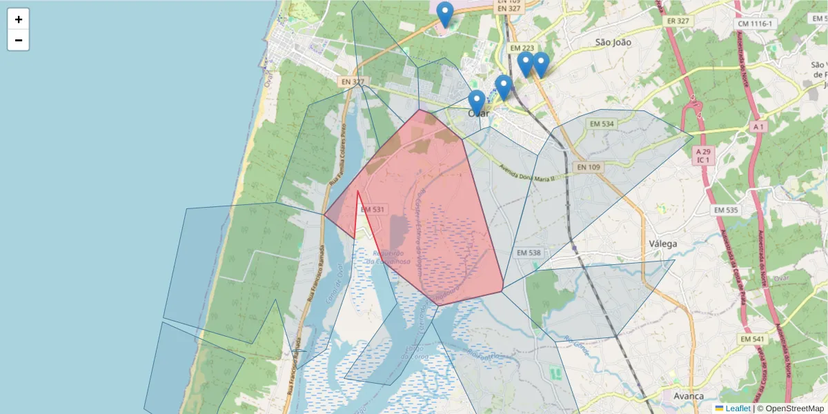 Mapa detalhado do código postal 3880-181 com limites, códigos postais vizinhos e agências dos correios