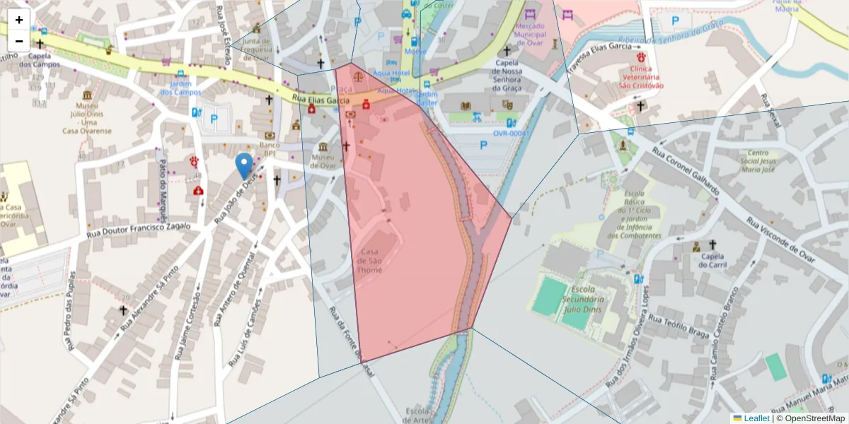 Mapa detalhado do código postal 3880-213 com limites, códigos postais vizinhos e agências dos correios