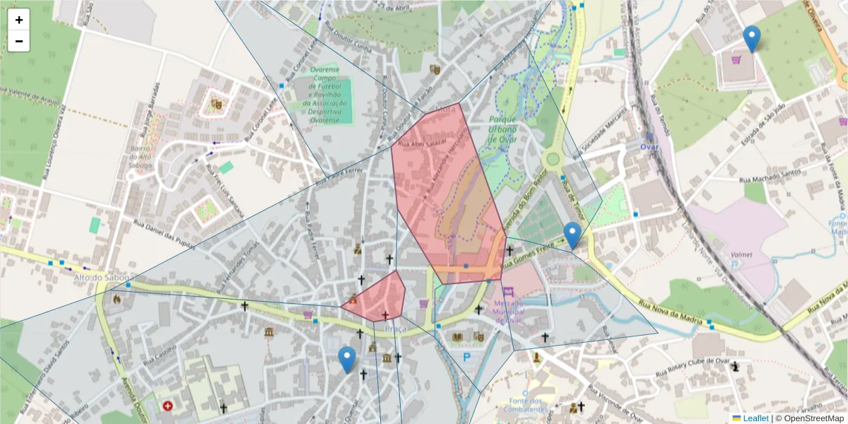 Mapa detalhado do código postal 3880-218 com limites, códigos postais vizinhos e agências dos correios