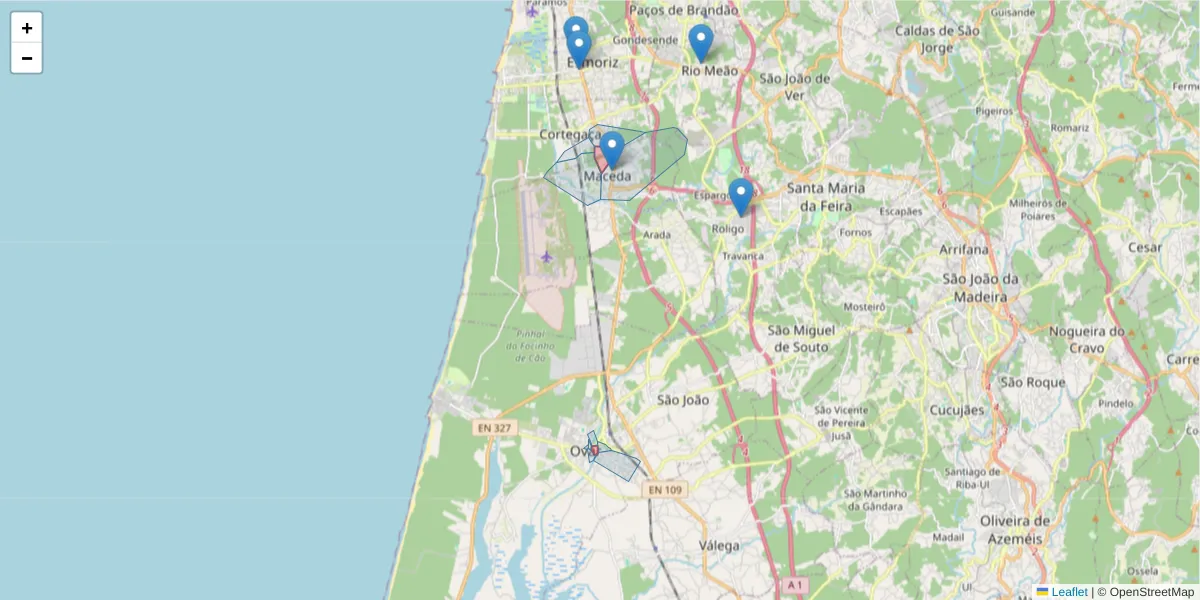 Mapa detalhado do código postal 3880-226 com limites, códigos postais vizinhos e agências dos correios