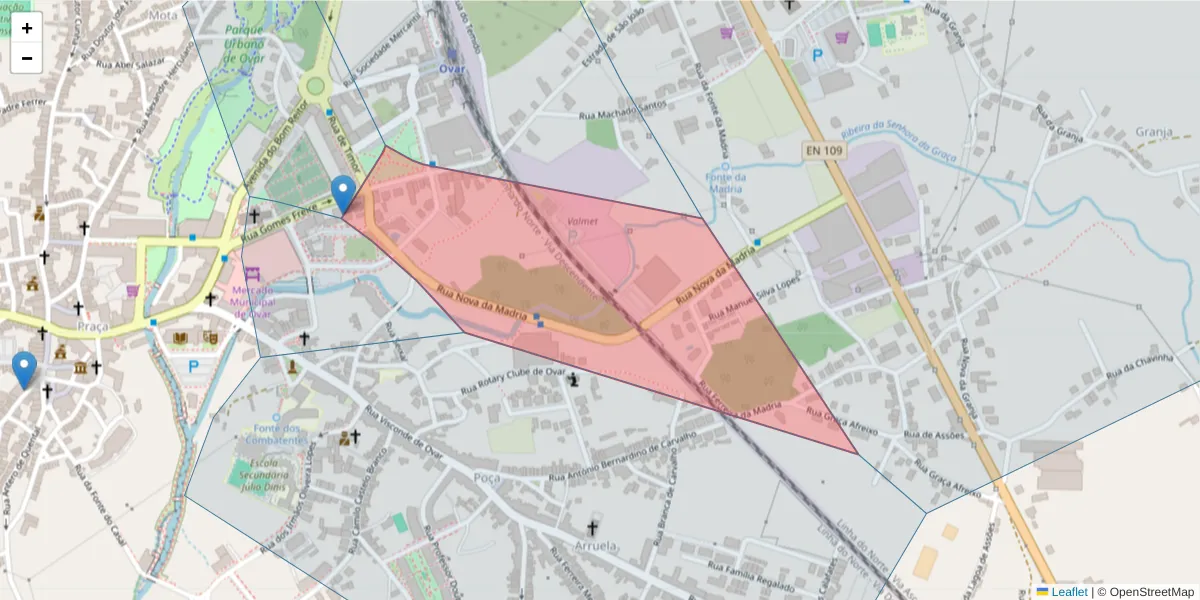 Mapa detalhado do código postal 3880-299 com limites, códigos postais vizinhos e agências dos correios
