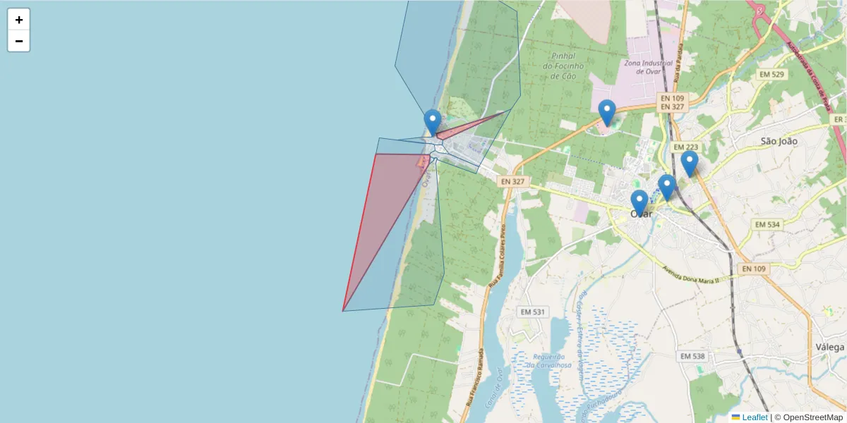 Mapa detalhado do código postal 3880-350 com limites, códigos postais vizinhos e agências dos correios