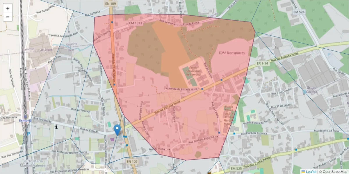 Mapa detalhado do código postal 3880-557 com limites, códigos postais vizinhos e agências dos correios