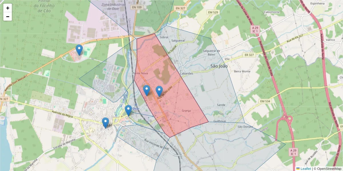Mapa detalhado do código postal 3880-751 com limites, códigos postais vizinhos e agências dos correios