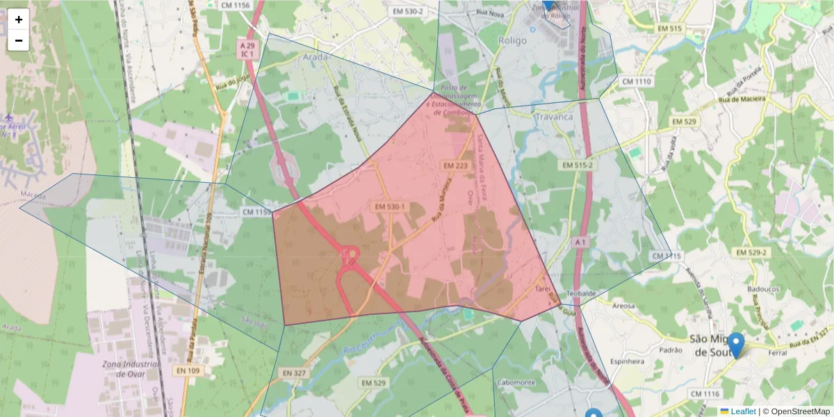 Mapa detalhado do código postal 3885-102 com limites, códigos postais vizinhos e agências dos correios