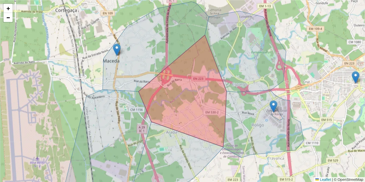 Mapa detalhado do código postal 3885-123 com limites, códigos postais vizinhos e agências dos correios